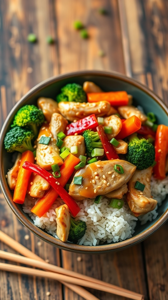 Savory Teriyaki Chicken Stir-Fry A vibrant bowl of Teriyaki Chicken Stir-Fry with chicken, vegetables, and rice, garnished with sesame seeds and green onions.